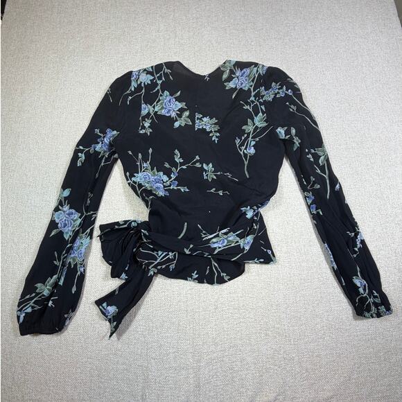 Reformation Women Medium Black Floral Print Long Sleeve Wrap Style Blouse Chic - Picture 2 of 8
